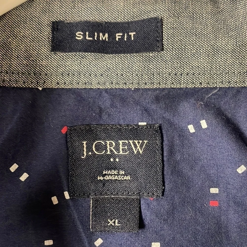 J.Crew Men's Slim Fit Button Down Shirt, XL, Navy with red & white design